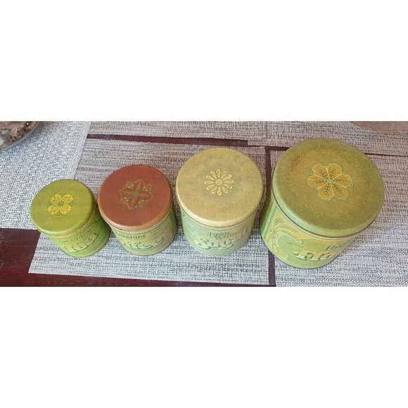 4 Pc Vintage Fluffy Brite White Sunshine Golden Leaf Tins Flour Sugar Coffee Tea - Picture 4 of 6